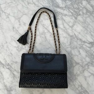 Tory Burch Black Leather Quilted Bag with Chain Shoulder Strap.
